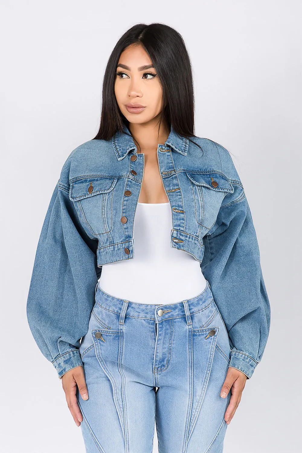 Women's Balloon Sleeve Cropped Denim Jacket