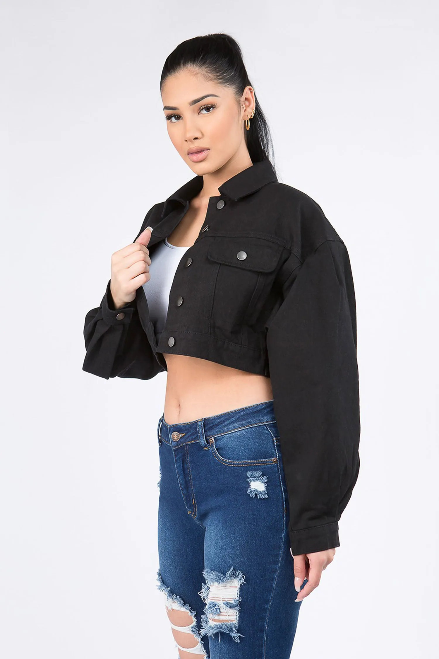 Women's Balloon Sleeve Cropped Denim Jacket