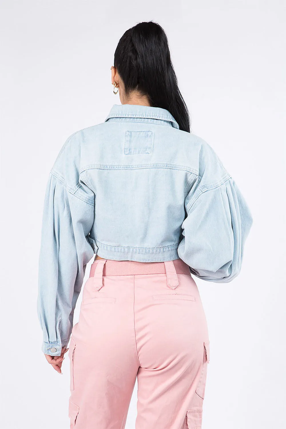 Women's Balloon Sleeve Cropped Denim Jacket