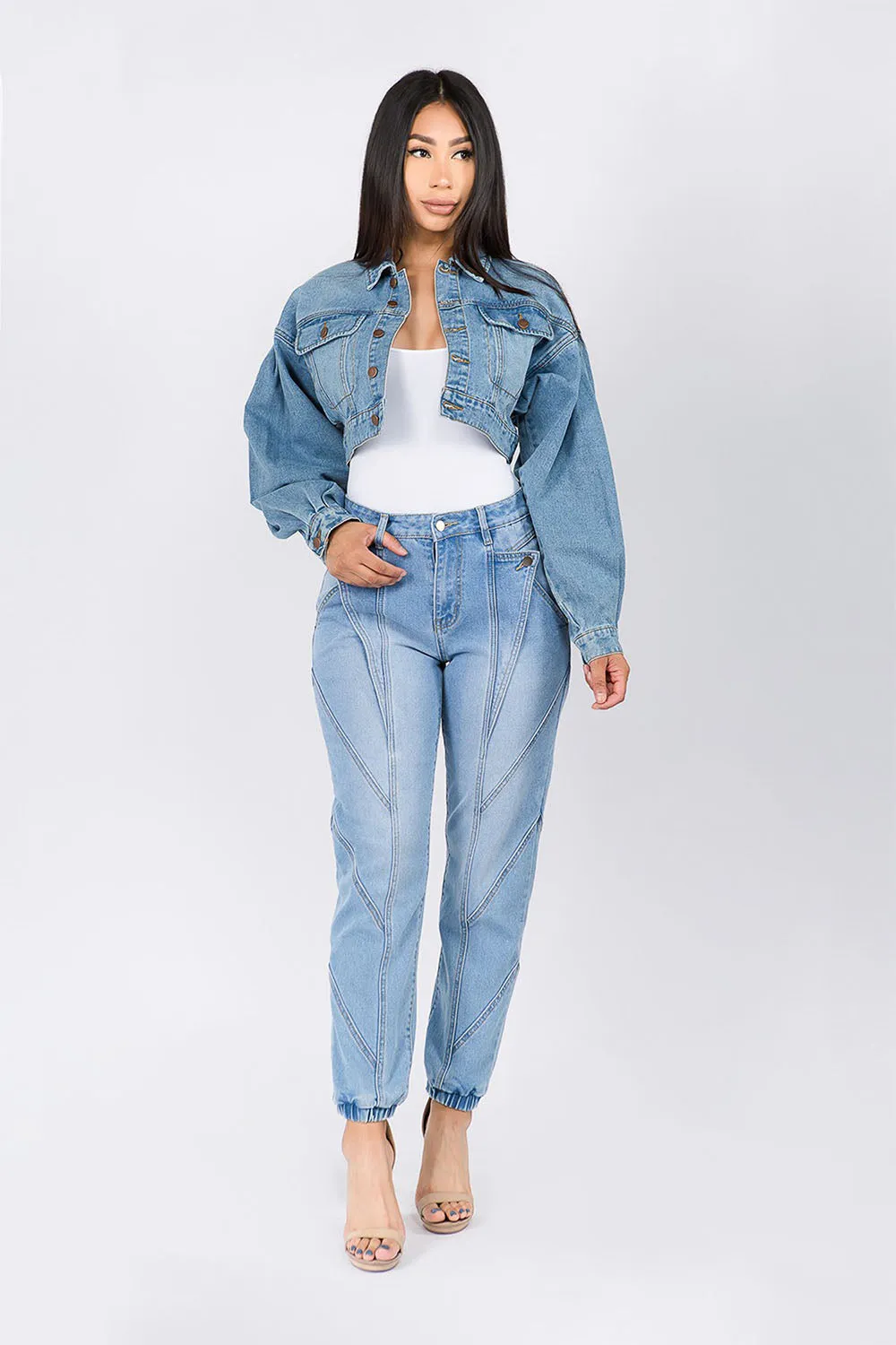 Women's Balloon Sleeve Cropped Denim Jacket