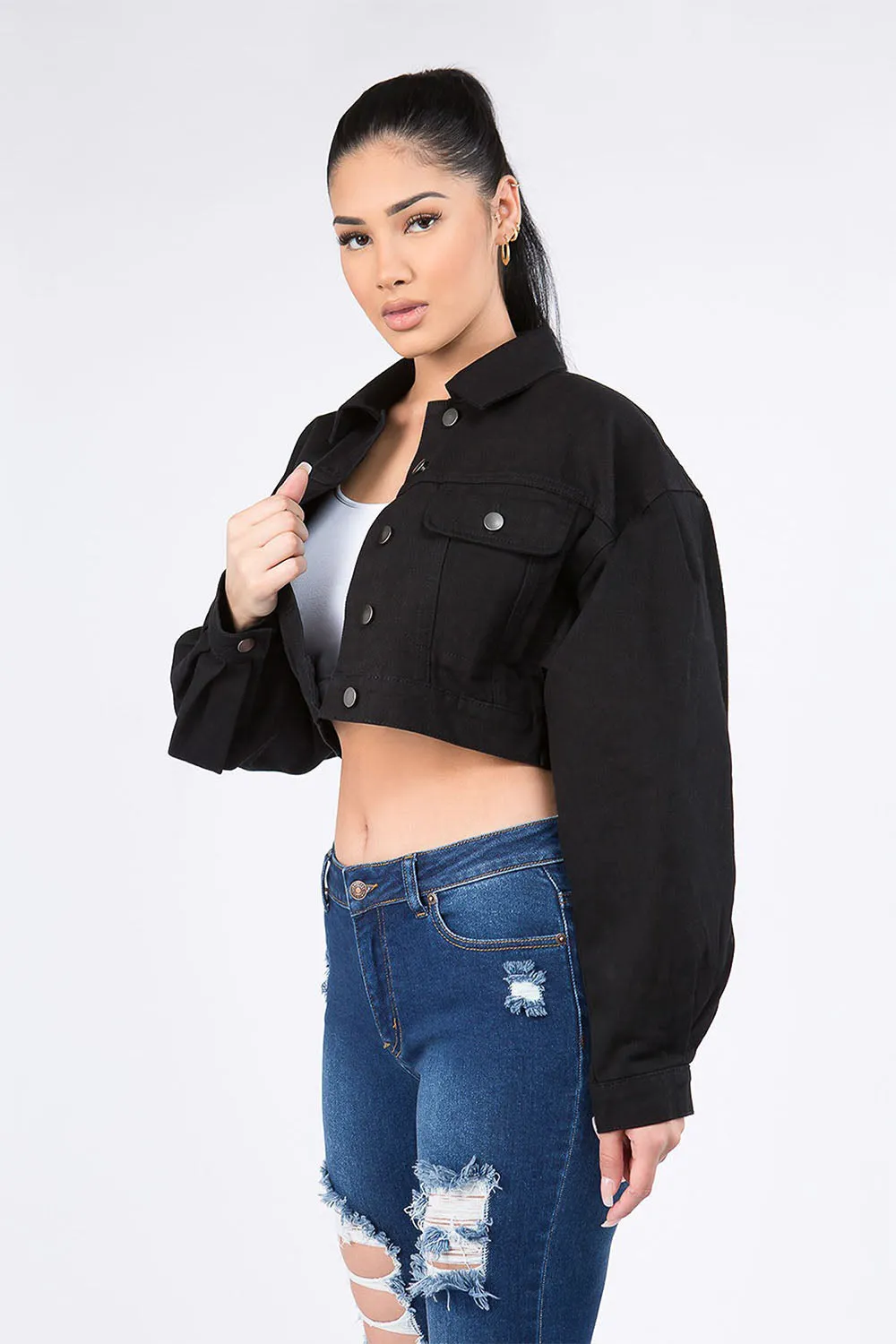 Women's Balloon Sleeve Cropped Denim Jacket