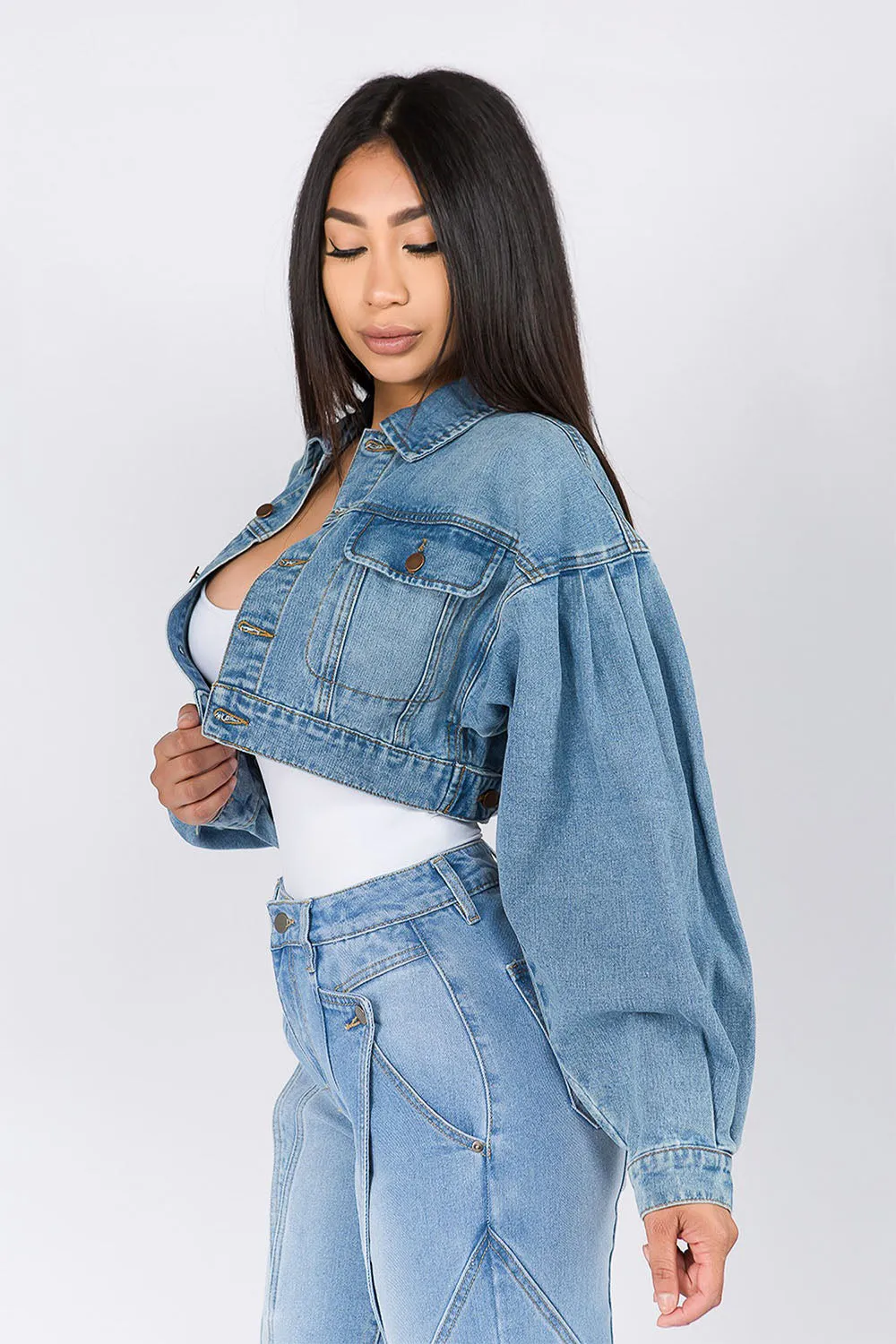 Women's Balloon Sleeve Cropped Denim Jacket