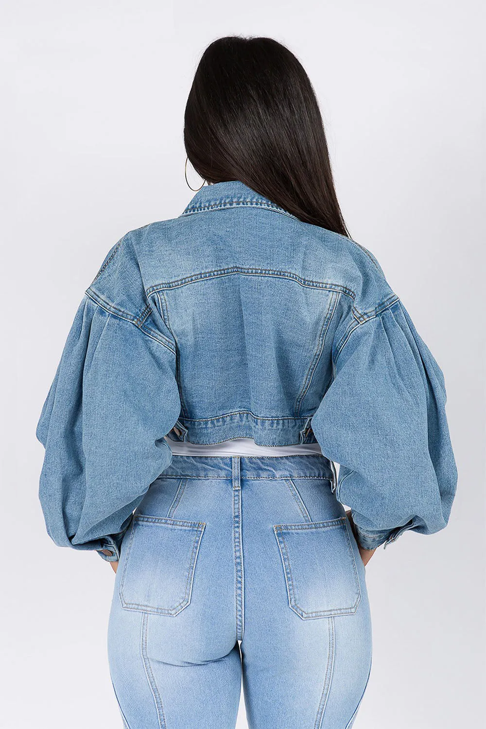 Women's Balloon Sleeve Cropped Denim Jacket