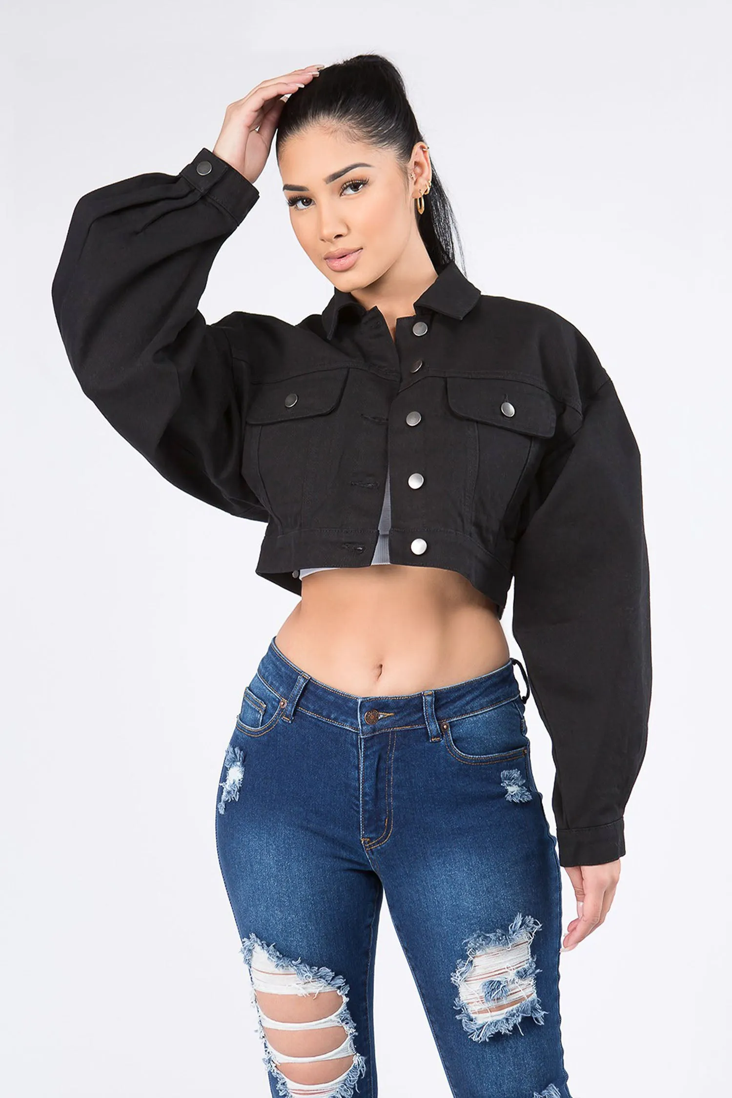 Women's Balloon Sleeve Cropped Denim Jacket