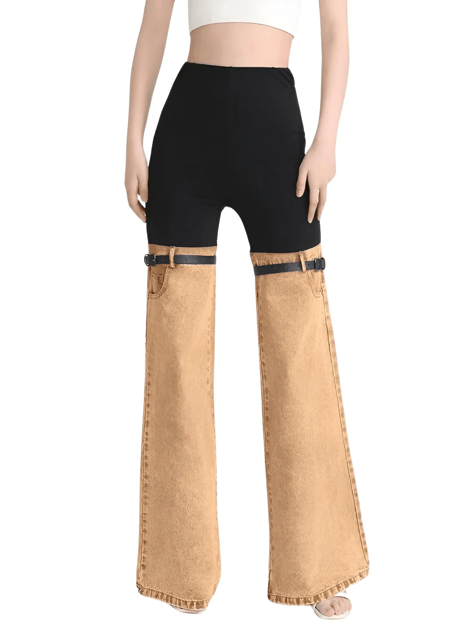 Women's High Waist Straight Leg Patchwork Jeans