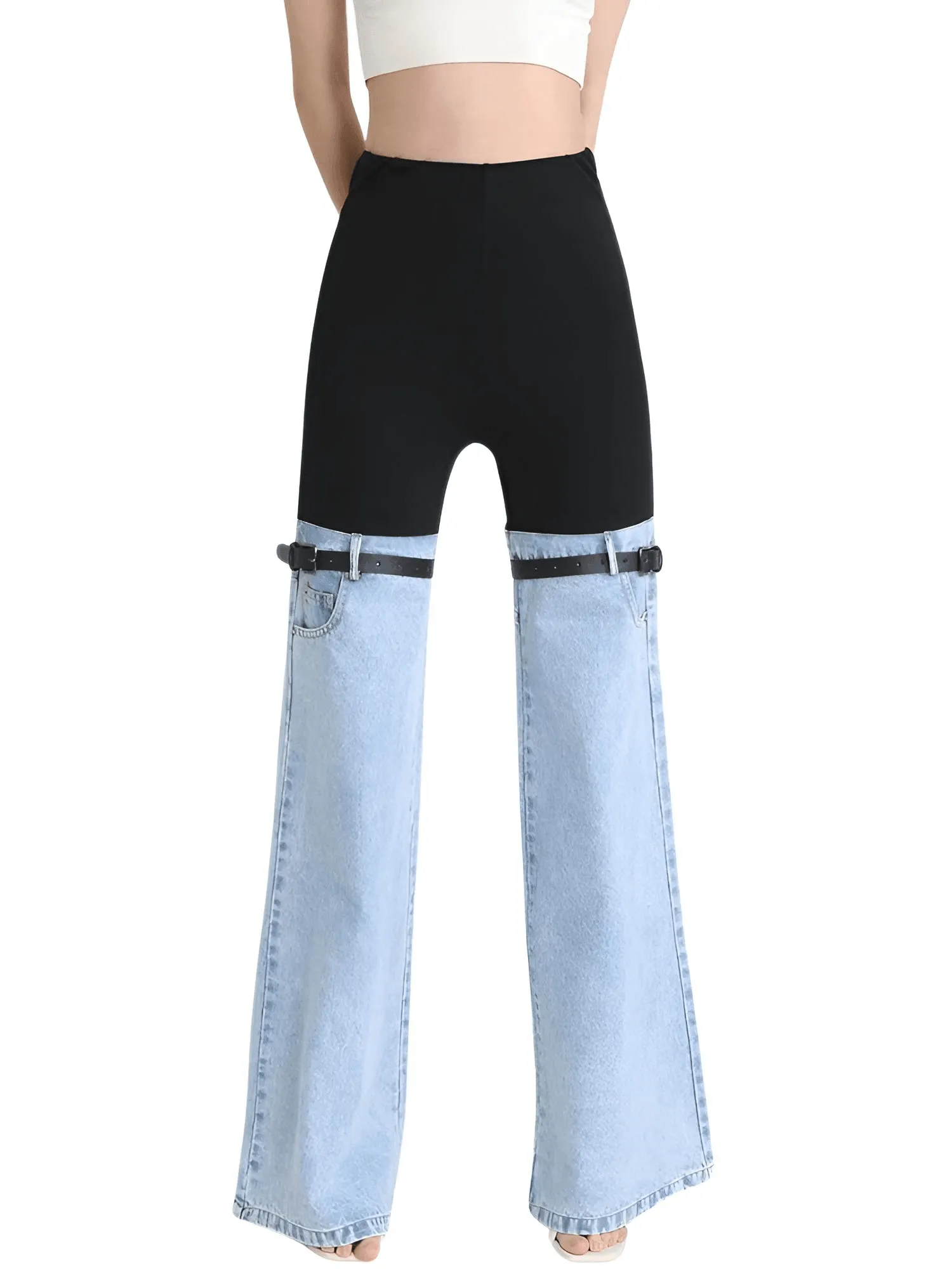 Women's High Waist Straight Leg Patchwork Jeans