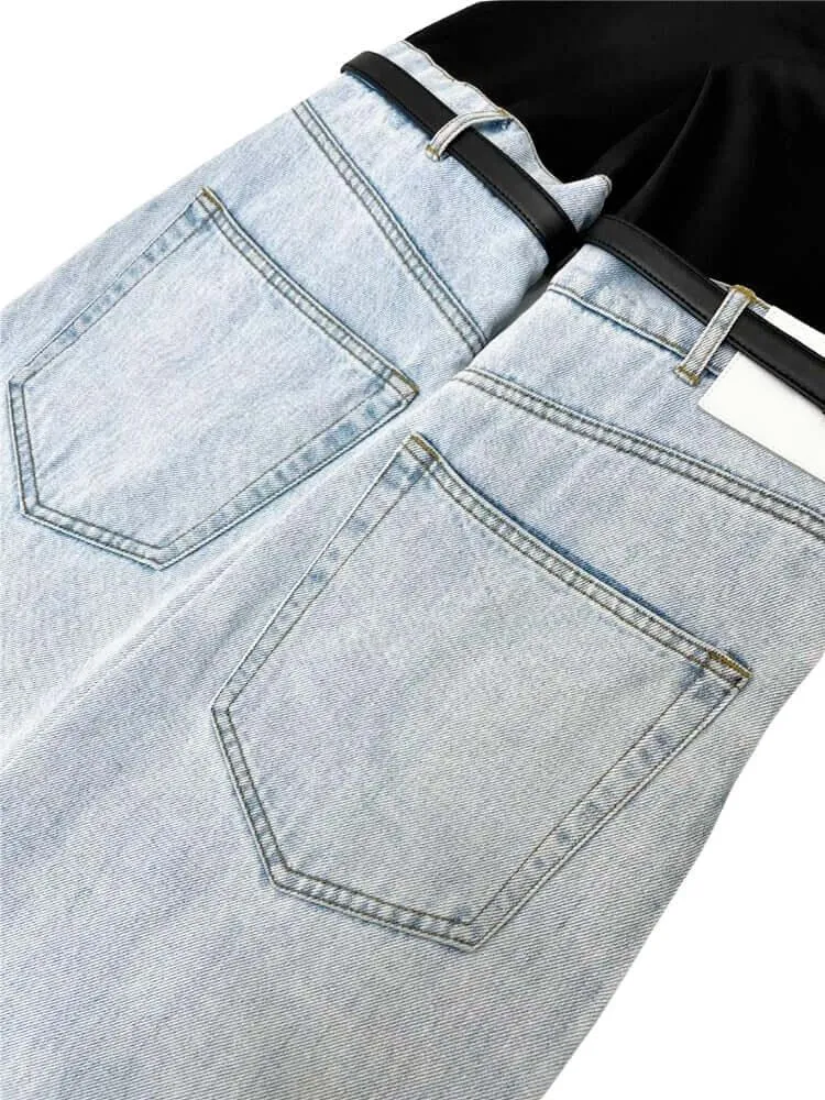 Women's High Waist Straight Leg Patchwork Jeans