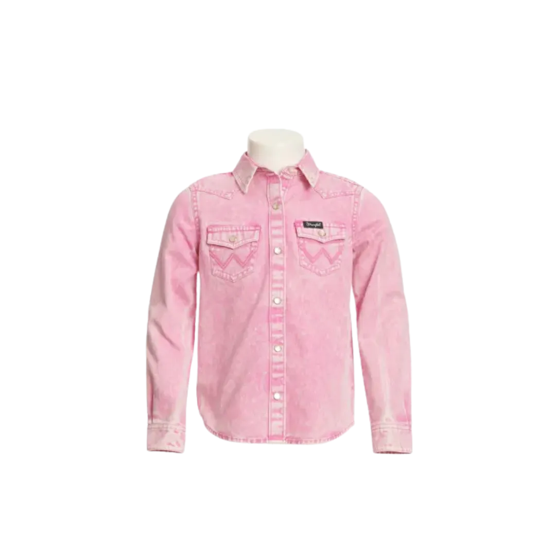 Wrangler Kid's Acid Wash Denim Long Sleeve Western Pink Shirt